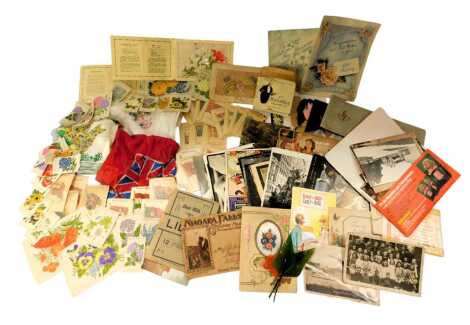 A selection of postcards and greetings cards, photograph of David Bowie, various silk embroidered postcards, Kensitas Cigarette silk card, etc. (a quantity)