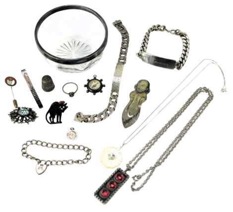 A selection of silver and other jewellery, comprising a silver rimmed dressing table bowl, watch chains, bookmarks, mother of pearl pendants, various empty jewellery boxes, etc.