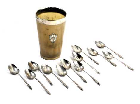 A Victorian silver rimmed horn beaker, maker JD&S, Sheffield 1894, bearing dated shield, and twelve silver plated coffee spoons. (a quantity)