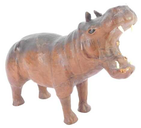 A leather covered model of a hippopotamus, with mouth open, 24cm high.