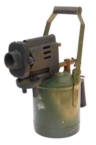 A military British Army World War II blow lamp, stamped with War Department Broad Arrow and 1941/42, Made by Turley & Williams of Birmingham, in green, 41cm high.