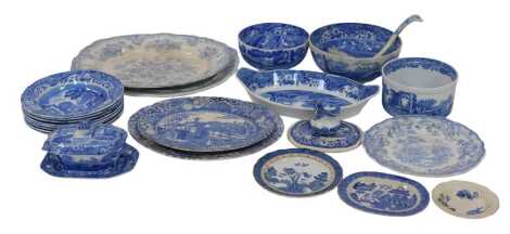 A group of blue and white wares, including Spode Italian pattern, blue and white transfer printed meat dishes, bowls, serving dishes, soup bowls, etc. (a quantity)