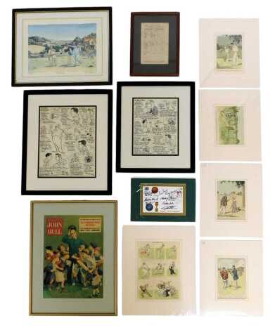 A group of cricketing related ephemera, to include caricatures, reproduction John Bull magazine cover depicting children playing games, After Bob Farndon, No Ball, print, signed limited edition number 332/750, 20cm x 30cm, reproduction Notts County Cricke