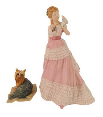 A Wedgwood porcelain figure, modelled The Gallery of English Costume Enchanted Evening, 20cm high, together with a Border Fine Arts figure modelled as a Scottish Terrier. (AF)