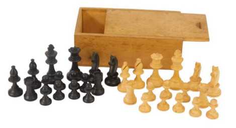 A 20thC wooden chess set, in pine box, height of king 6cm.