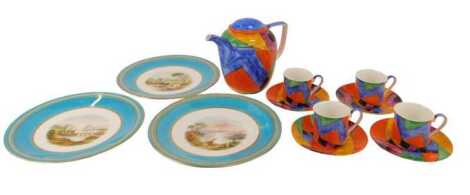 A Vicky Price Art Deco style coffee service, comprising pot, and four coffee cups and saucers, each piece decorated in multicoloured abstract pattern, the teapot, 16cm high, together with three late 19thC Royal Worcester porcelain dessert plates, each dec