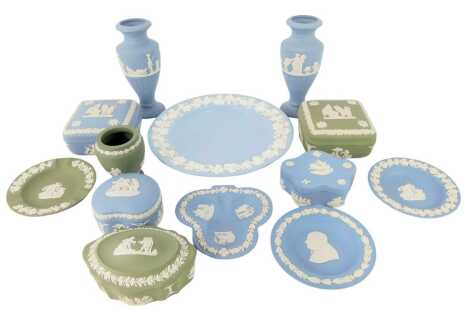 A group of Wedgwood Jasperware, to include two blue vases, 15cm high, trinket boxes and covers, trinket dishes, etc. (1 tray)