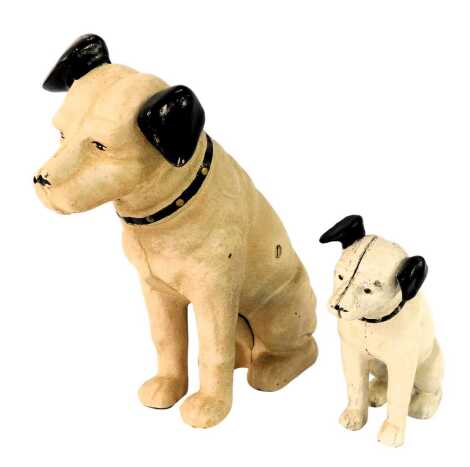 A painted cast metal money box, modelled as Nipper, The HMV dog, 25cm high, and another, 15cm high.