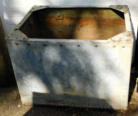 A galvanised metal storage bin, 57cm high, 78cm wide, 63cm deep.