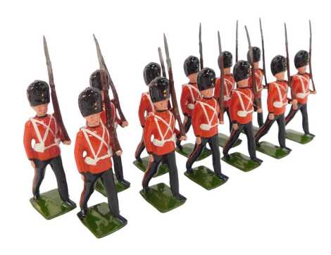 Twelve Britain's lead soldiers, Royal Welsh Fusiliers, with rifles.