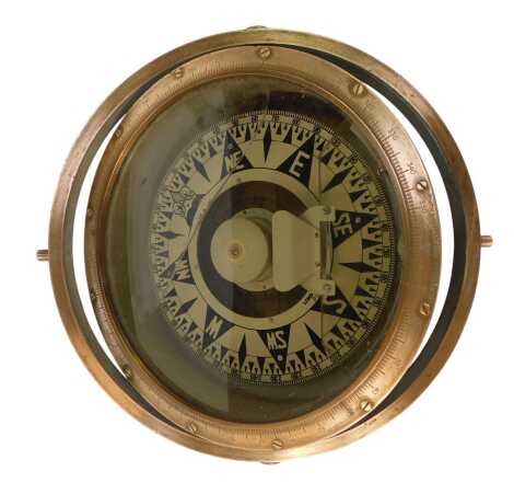 A brass framed ship's compass, Heath Navigation London SE9, P2448, 30cm diameter.