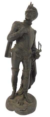 A late 19thC spelter figure, modelled as a courtier and musketeer, 38cm high. (AF)