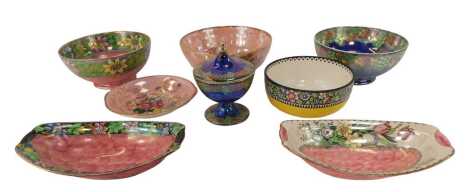 A group of Maling pottery, to include pink lustre bowl decorated with flowers, 22cm diameter, jar and cover decorated with vines and grapes against a blue ground, 14cm high, etc. (1 tray)