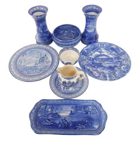 A group of Maling blue and white pottery, each piece decorated with buildings and figures, to include pair of vases, 22cm high, pair of plates, 27cm diameter, Maling Willow pattern wares, etc. (a quantity)