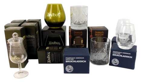 A group of various whisky tasting glasses, to include Ardbeg, Dewar's Distillery, Progressive Hebridean Distillers, etc. (1 tray)