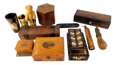 A group of treen, to include a Mauchline ware box for Eastend Loch Katrine, 17cm wide, a porcupine quill box, miniature golf clubs in a cardboard case, horn beakers, marquetry inlaid glove box, etc. (1 tray)