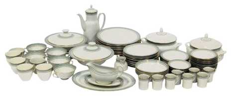 A Royal Doulton Berkshire pattern part tea, coffee and dinner service, to include dinner plates, side plates, coffee cups and saucers, coffee pot, two handled soup bowls, gravy boat and saucer, etc. (a quantity)