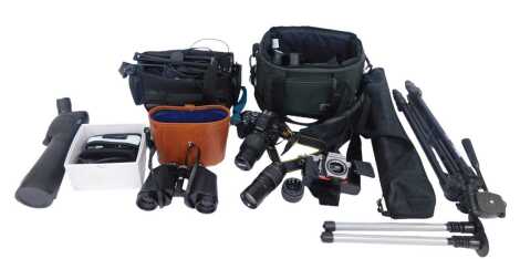 Cameras and optical equipment, to include a Nikon D5300 camera, flashes, various lenses, an FHD digital video camera, tripods, Praktica MTL3 camera, etc. (a quantity)