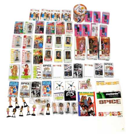 Spice Girls memorabilia, comprising a Scary Spice doll, various Girl Power Toys collectable figures, a Chuppa Chups metal tin, LP records, watches, photo keyring, etc. (2 boxes)