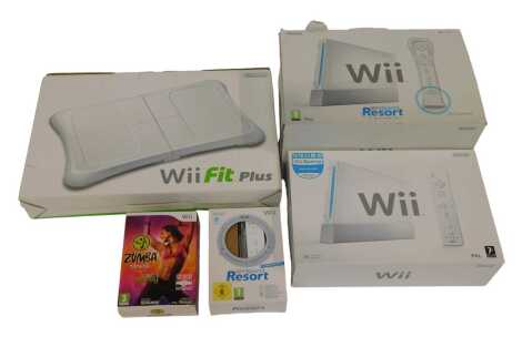 A Wii Sports Resort pack, together with a Wii Fit Plus and a Wii Zumba Party game, each boxed.