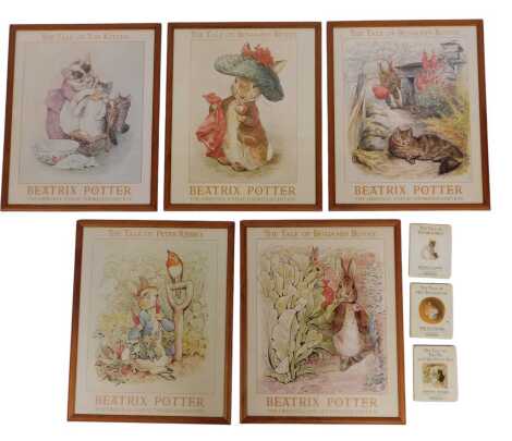 Three Beatrix Potter prints, comprising The Tale of Benjamin Bunny, Tale of Peter Rabbit, Tale of Tom Kitten, each 42cm x 32cm, together with three Beatrix Potter books, The Tale of the Pie and The Patty Pan, The Tale of Mrs Tittlemouse and The Tale of Tw