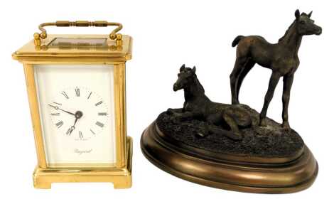 A Richard Sutton figure group, modelled as two foals, one standing, on a seated, on a stepped base, stamped and dated 95, 15cm high, together with a Bayard brass cased carriage clock, the rectangular dial bearing Roman numerals, drum barrel movement, case