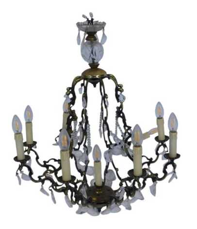 A 20thC cast metal six-branch chandelier, with cut glass drops, approx 80cm high.