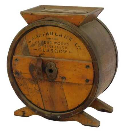 An SA McFarlane Ltd butter churn, for Spring Bank Glasgow, 43cm high.