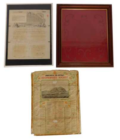 A group of Cooperative Society bonds, comprising Fire Policy 32510, 58cm x 45cm, Birkenhead and District Member's calendar 1918, 65cm x 51cm, and Labour and Wait advertising mirror, 61cm x 51cm. (3)