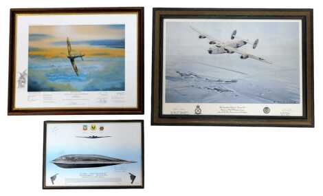 A group of aviation related prints, comprising after Derek Stocker, Dawn of the Spitfire, Centenary to the Aircraft Designer RJ Mitchell, signed limited edition print of 250, bearing various signatures from crew, 32cm x 43cm, after Eric Day, B24 Consolida