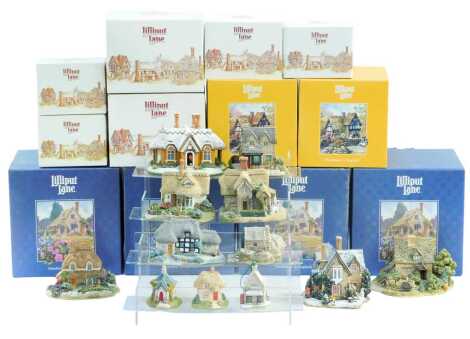 A group of Lilliput Lane, to include Kerry Lodge, Christmas Party, The Green Grocers, Foxglove Fields, boxed with deeds.