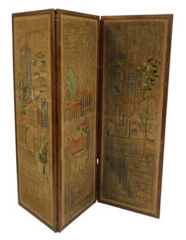 A mid century oak framed three fold screen, each tapestry panel depicting buildings and figures, bearing sign for A Harrison and Son 25 Blackburn Road Bolton and dated 1947, 172cm high, each panel 61cm wide.