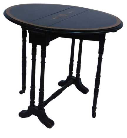 A Victorian ebonised and walnut banded and marquetry Sutherland table, the oval top on turned supports, on outswept legs, 57cm high, 56cm wide, the top 69cm wide.