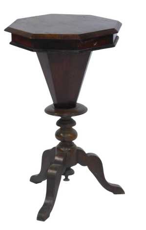 A Victorian mahogany sewing table, of trumpet form, with an octagonal hinged top enclosing a fitted interior, on turned columns, on shaped out splayed legs, 75cm high, the top 43cm wide.