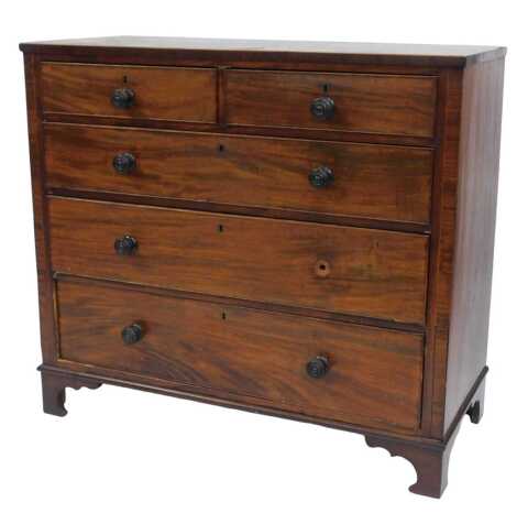 A Georgian mahogany chest of two short and three long drawers, on bracket feet, 101cm high, 110cm wide, 50cm deep. (AF)