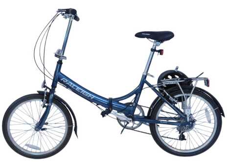 A Raleigh Airlite folding bicycle, EVO7SP, with helmet.