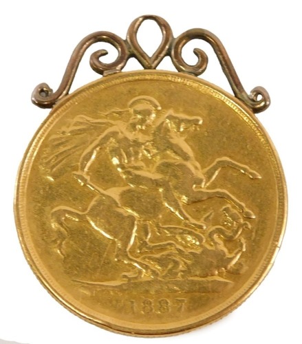 A Queen Victoria double gold sovereign, 1887, with yellow metal scrolling loop hanger, 16.38g.