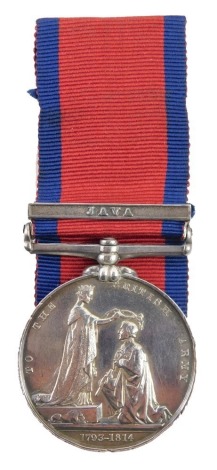 The Queen Victoria Military General Service Medal, with Java clasp, indistinctly named inscription, to a soldier of the 39th Foot, with replacement ribbon.