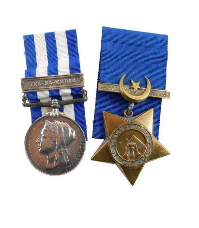 A Queen Victoria Egypt Medal, 1882-89, with Tel-el-Kebir clasp, with replacement ribbon, and a Khedive's Star. (2)