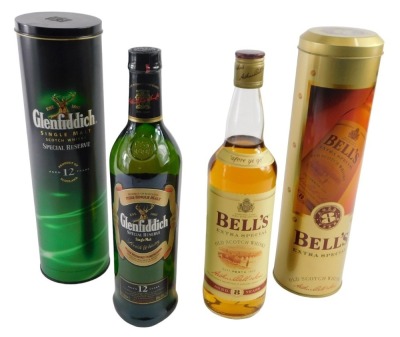 Two bottles of single malt Scotch whisky, comprising Glenfiddich, aged twelve years, 70cl, and Bell's extra special, aged eight years, 70cl, both with outer tube cases.