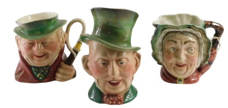 Three Beswick Dickens character jugs, comprising Mr Micawber, number 310, Tony Weller, number 281, and Sairey Gamp, number 371, 23cm, 28cm, 27cm high respectively. (3)