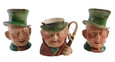 Three Beswick Dickens character jugs, comprising two Mr Micawbers, number 310, Tony Weller, number 281, 23cm and 27cm respectively. (3)