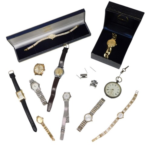 A group of ladies fashion watches and others, including a Sekonda wristwatch with chunky bracelet strap, Sind Aco Firstline wristwatch, gentleman's pocket watch in Continental silver case, etc. (11)