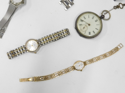 A group of ladies fashion watches and others, including a Sekonda wristwatch with chunky bracelet strap, Sind Aco Firstline wristwatch, gentleman's pocket watch in Continental silver case, etc. (11) - 3