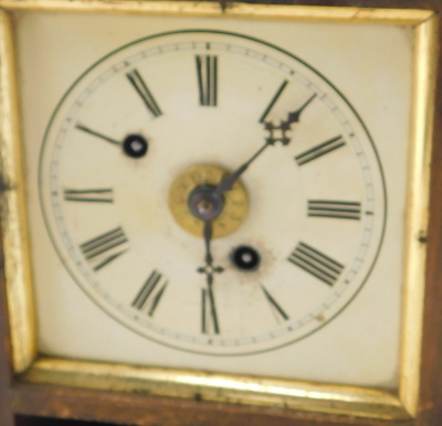 A late 19thC American style shelf clock, with striking movement, painted dial and Roman numerals, bears label to the inside door case for Ganter Brothers Watch & Clock Manufacturers, Essex Quay, Dublin, in a veneered plain case, 25cm high. - 2