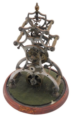 A 19thC steel and brass skeleton clock, incomplete and lacking glass dome, 30cm high.