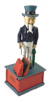 A reproduction Uncle Sam painted cast iron money box, 28cm high.