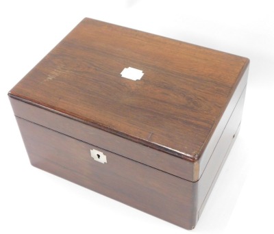 A Victorian rosewood work box, with hinged lid in mother of pearl plaque, and mother of pearl key escutcheon, the interior fitted with numerous divisions, pin cushion, and with secret drawer, 15cm high, 27cm wide, 20cm deep. - 3