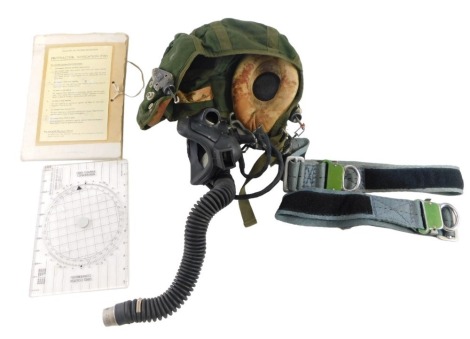 An RAF cloth helmet, 22c, size 3, with respirator, leg straps, and navigation protractor. (ex Flight Lieutenant Crawford, Vulcan Bomber display team)