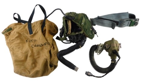 An RAF cloth helmet, 22c, size 3, with two respirators, leg straps, and cloth case. (ex Flight Lieutenant Crawford, Vulcan Bomber display team)